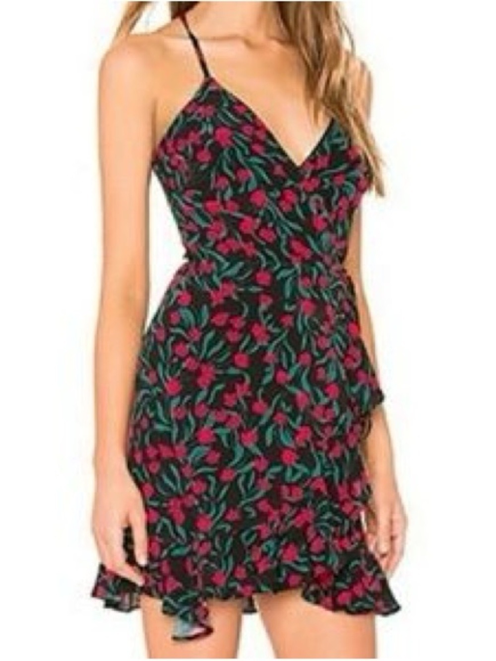 Lovers + Friends Donna Ruched Mini Wrap Dress Black With Red Floral